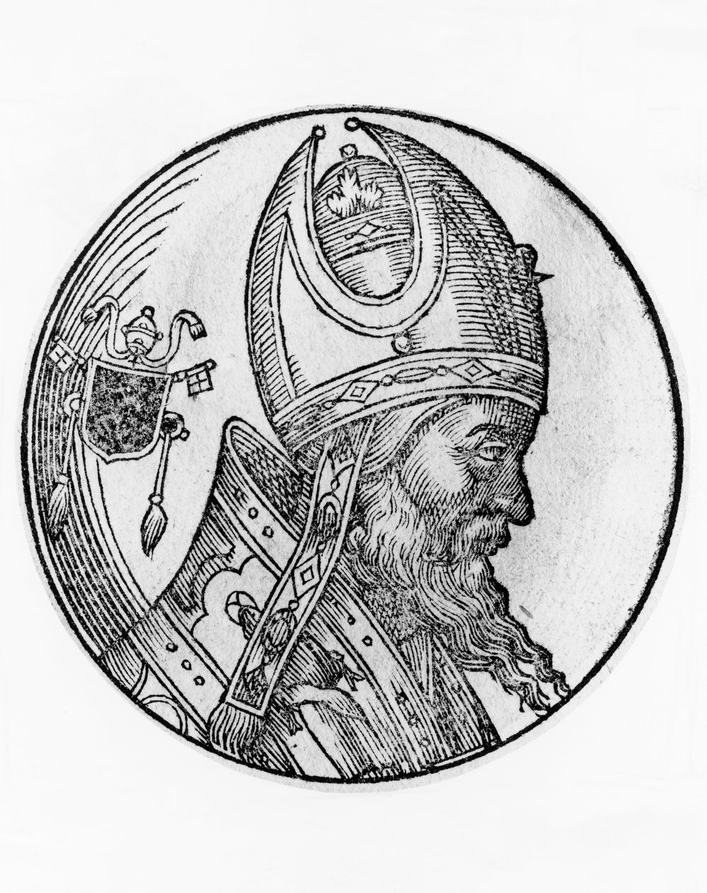 Johannes IV:n (kuoli 642), katolisen kirkon 72. paavin muotokuva vuodelta 640, kaiverrus. tekijältä Blaise Nicolas Le Sueur