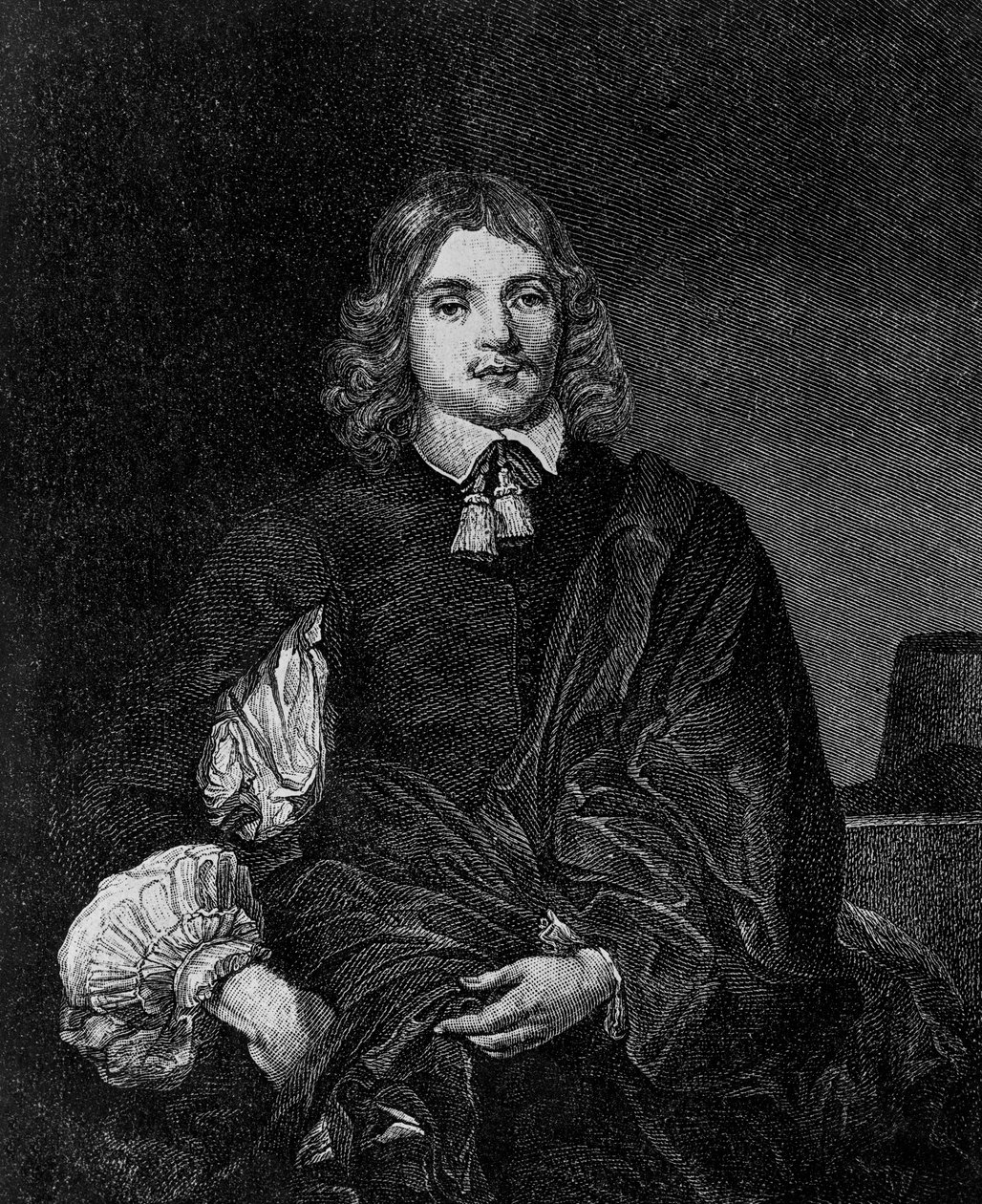 Muotokuva Lucius Carysta, 2. varakreivi Falklandista (noin 1610-1643), englantilainen kirjailija, poliitikko ja sotilas, joka oli valtiosihteeri vuosina 1642-1643, kaiverrus tekijältä Blaise Nicolas Le Sueur