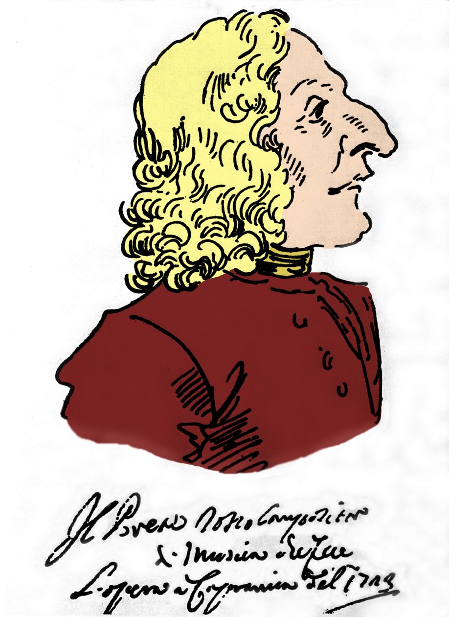 Antonio Vivaldi (1678 - 1741), Pierre Leone Ghezzin (1674 - 1755) sarjakuva tekijältä Pier Leone Ghezzi
