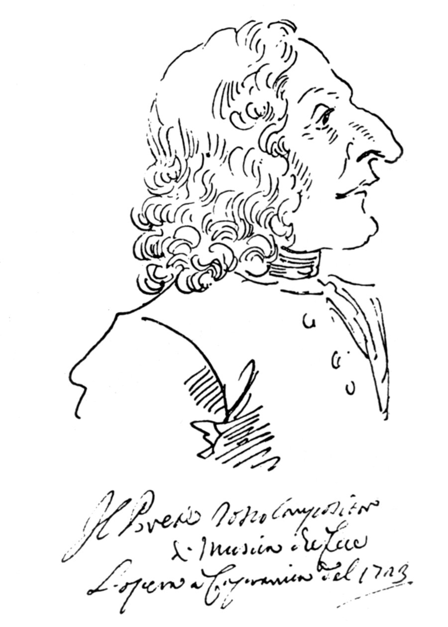 Karikatyyri säveltäjä Antonio Vivaldista, 1723 tekijältä Pier Leone Ghezzi