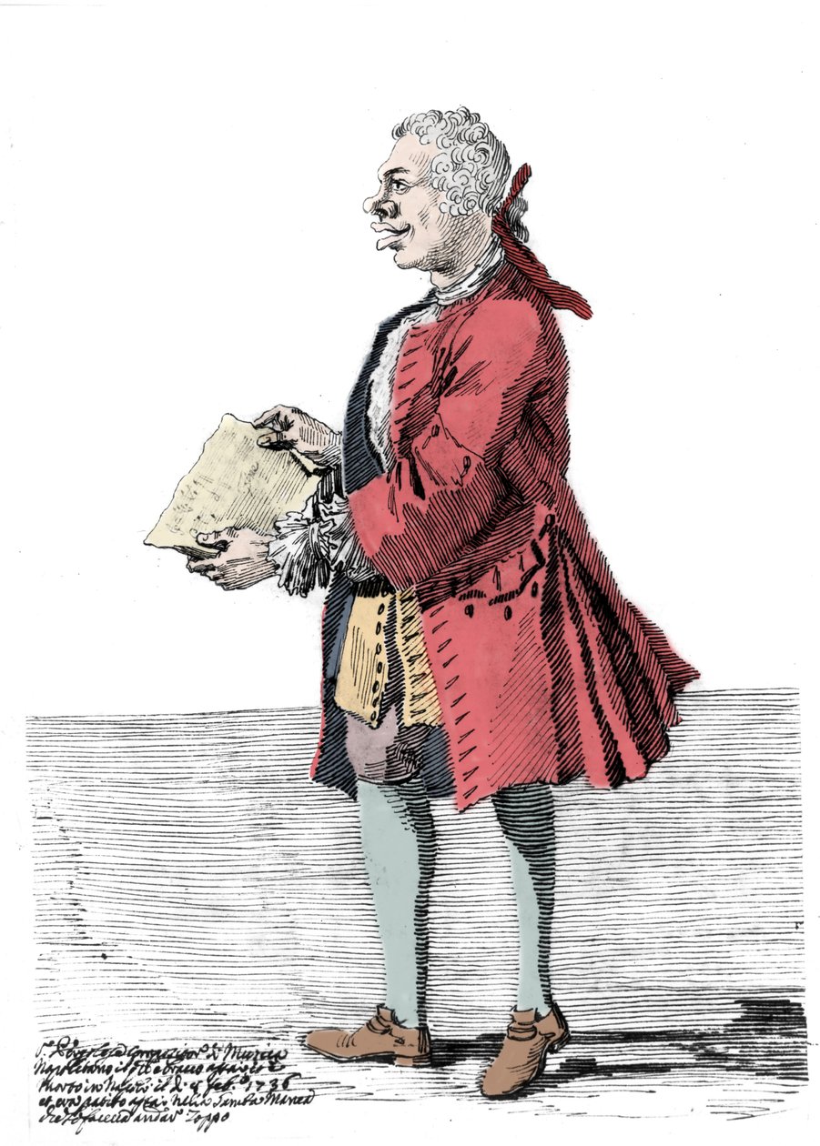 Giovanni Battista Pergolesin (Jean Baptiste Pergolese, Jean-Baptiste) sarjakuva (1710 - 1736). Pier Leone Ghezzin (1674 - 1755) piirros, joka kertoo, että säveltäjä kärsi toisesta jalasta vammasta ja ontuva. 1736. tekijältä Pier Leone Ghezzi