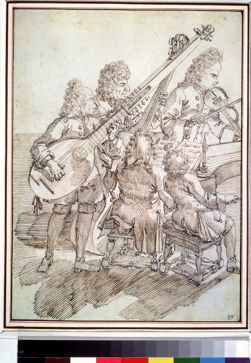 ""Konsertti"" Karikatyyri, joka edustaa viiden muusikon (kvintettin) konserttia luutilla, viululla, pianolla ja sellolla. Pier Leone Ghezzin (1674-1755) kynä- ja mustepiirustus 1700-luvun Pushkin-museo, Moskova tekijältä Pier Leone Ghezzi