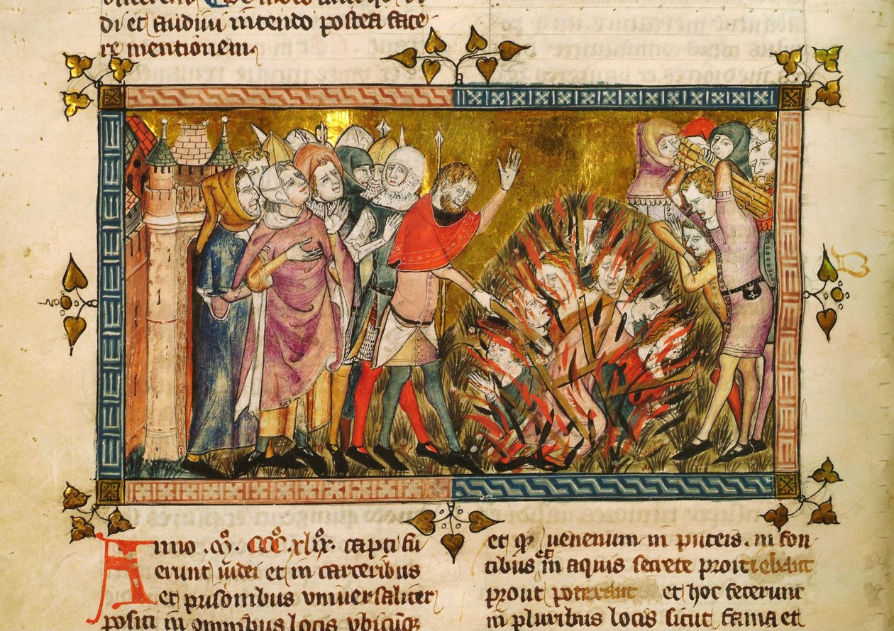 Juutalaisten polttaminen vuonna 1349. Pienoiskuva: Tractatus Quartus, Gilles de Muisit, n. tekijältä Pierart dou Tielt