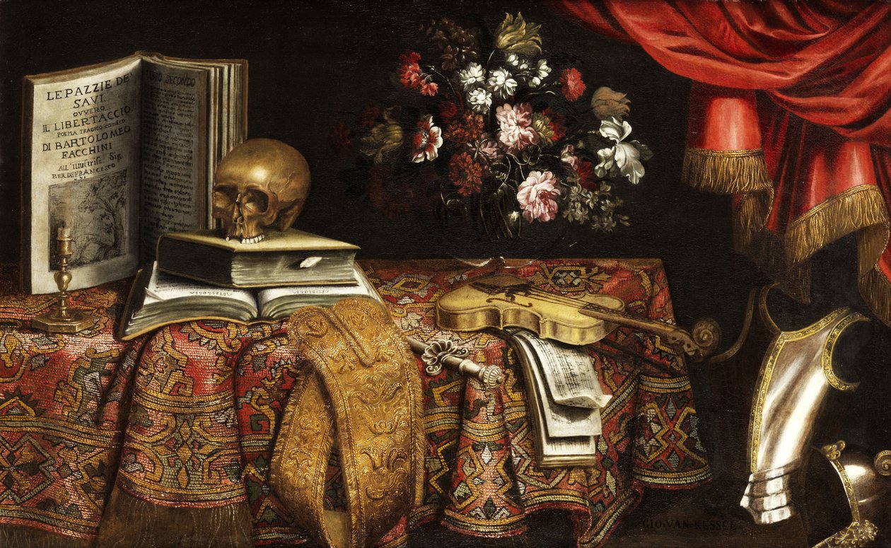Vanitas-Stillleben mit Violine, Notenbuch, Blumenvase und Schädel tekijältä Pierfrancesco Cittadini