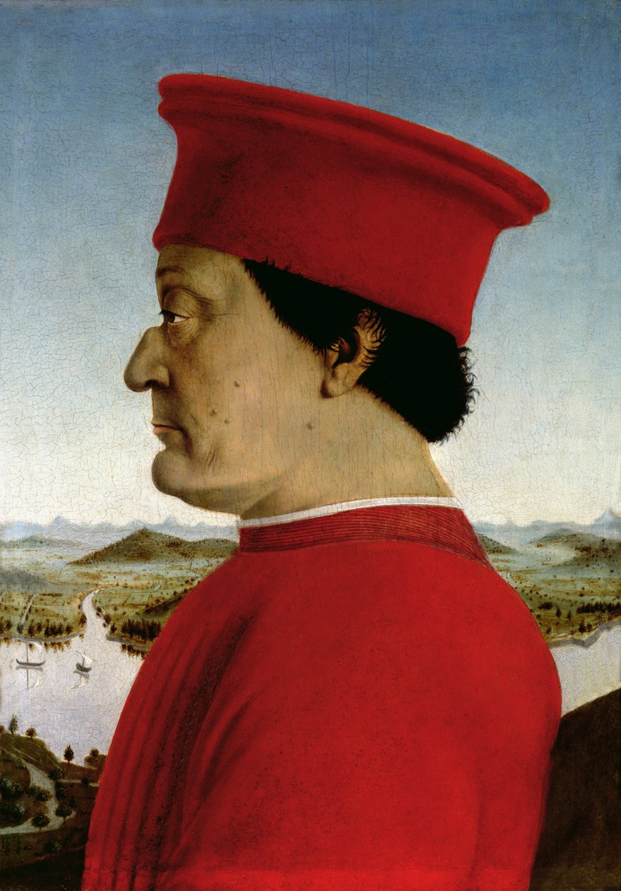 Federigo da Montefeltro (1422-82) Urbinon herttua, n.1465 (tempera paneelille) (kääntöpuoli ks. 69441-42) (yksityiskohta kuvasta 95420). tekijältä Piero della Francesca