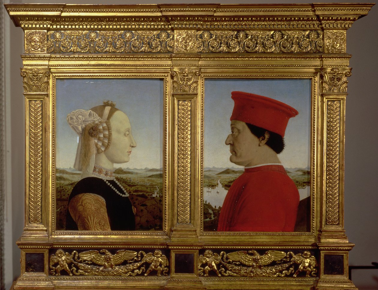 Herttua Federico da Montefeltron (1422-82) ja Battista Sforzan muotokuvat, noin 1465 (tempera paneelille). tekijältä Piero della Francesca