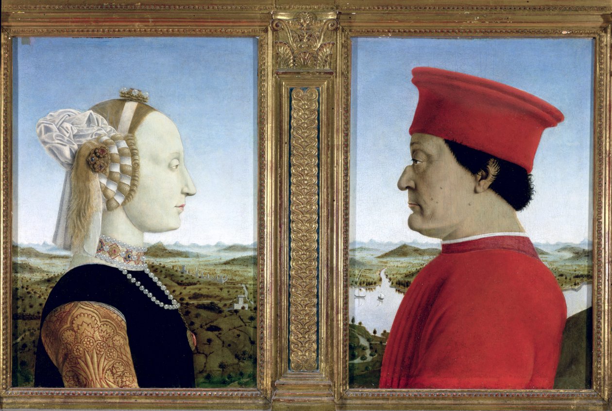 Duke Federico da Montefeltron (1422-82) ja Battista Sforzan muotokuvia, n. 1465 (tempera taulussa) (katso myös 95420) tekijältä Piero della Francesca