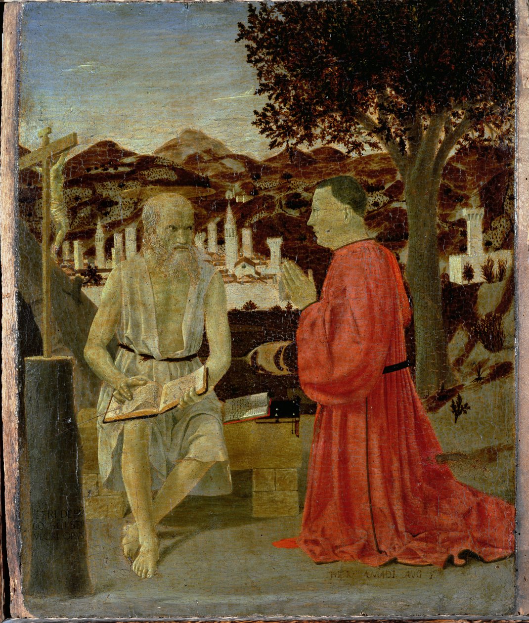 Pyhä Hieronymus miehen kanssa polvistumassa antaumuksessa, 1450 tekijältä Piero della Francesca