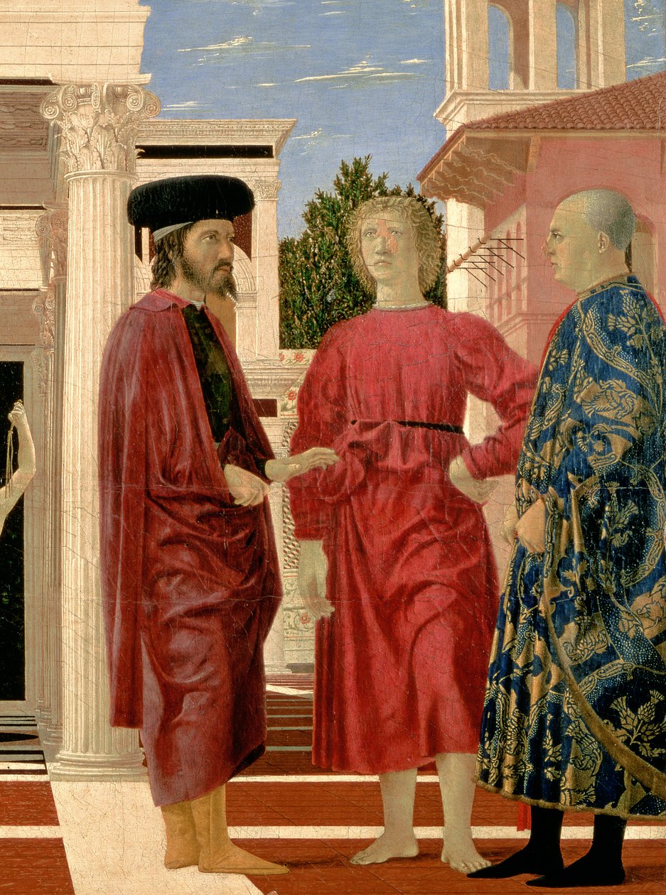 The Flagellation of Christ yksityiskohta kolmesta etualalla olevasta hahmosta c. 1459 öljy ja tempera paneelissa tekijältä Piero della Francesca