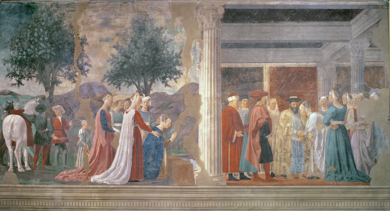 Saban kuningatar palvoo oikean ristin puuta ja Kuningas Salomon (n. 1015-977) Saban kuningattaren vastaanotto jaksosta Legend of the True Cross, valmistui 1464 tekijältä Piero della Francesca
