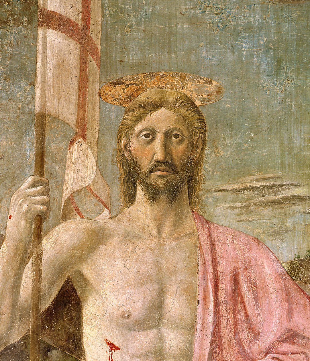 Ylösnousemus, yksityiskohta Kristuksesta, noin 1463 freskon yksityiskohta vuodelta 109787 tekijältä Piero della Francesca