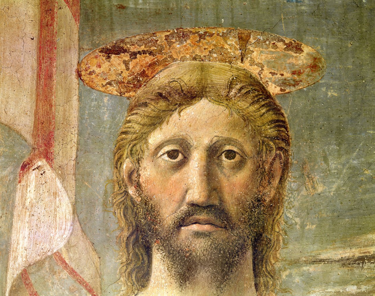 Ylösnousemus, yksityiskohta Kristuksen päästä, n. 1463 fresko katso myös 109787 & 205587 tekijältä Piero della Francesca