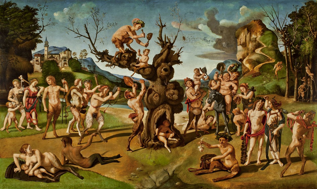 Bacchuksen The Discovery of Honey, n. 1499 (tempera paneelissa) tekijältä Piero di Cosimo