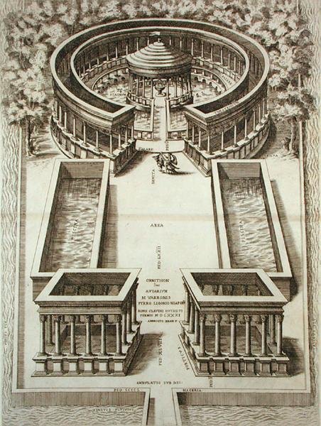 Varron lintupuisto, J. Laurusin teoksesta "Roma Verus et Nuova", julkaistu 1614 (kaiverrus) tekijältä Piero (after) Ligorio