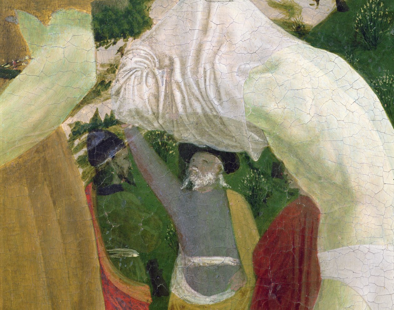 Kristuksen kaste, yksityiskohta oikeanpuoleisesta osasta, joka kuvaa miestä valmistautumassa kasteeseen tekijältä Piero della Francesca