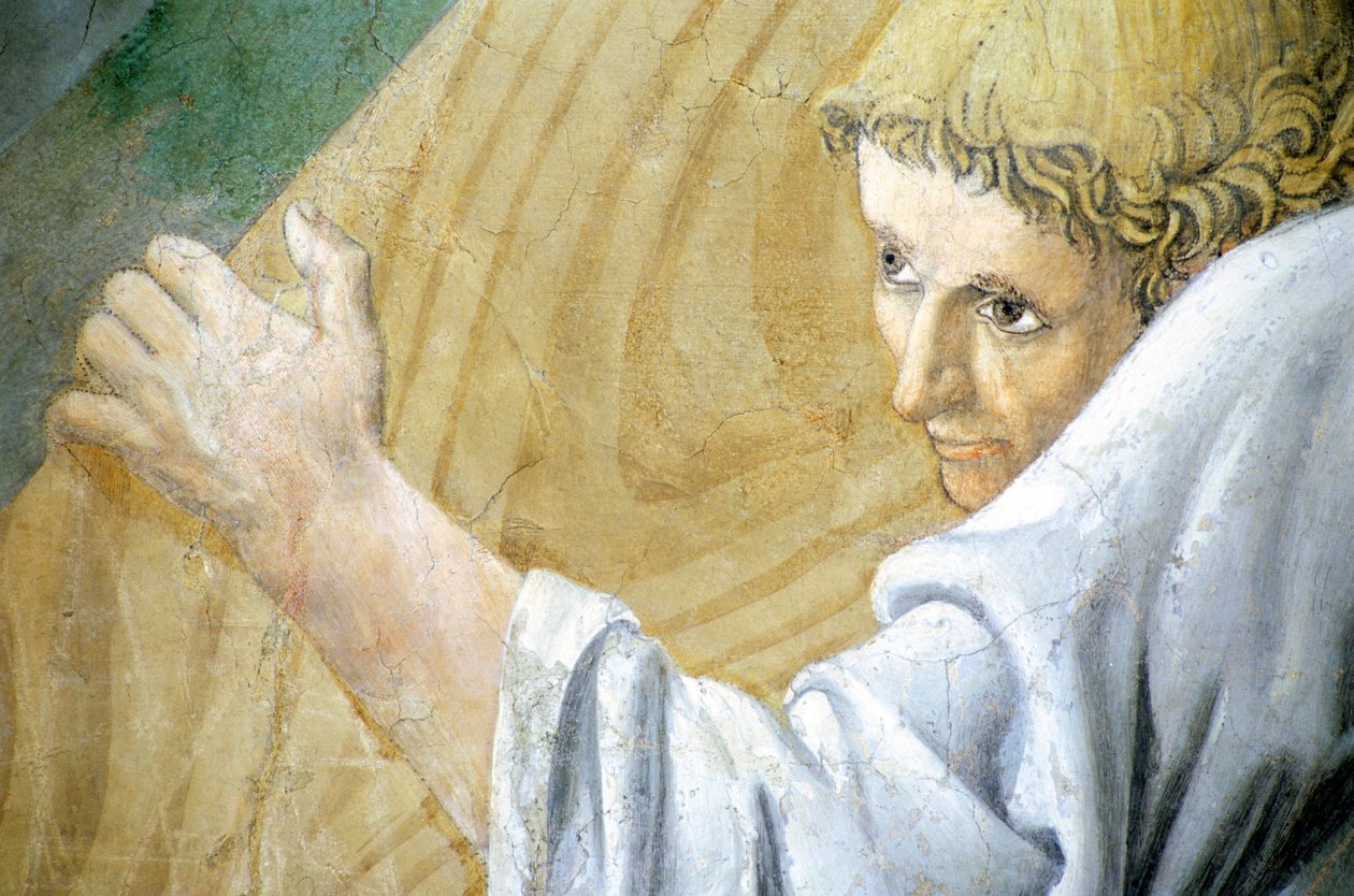 Yksityiskohta Piero della Francescan teoksesta "Legend of the True Cross", jossa näkyy pyhän puun kuljetus. tekijältä Piero della Francesca