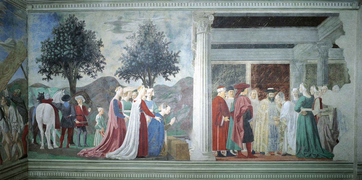Yksityiskohta Legend of the True Crossista, jossa näkyy pyhän puun palvonta sekä Saban kuningattaren ja kuningas Salomon tapaaminen, kirjoittanut Piero della Francesca tekijältä Piero della Francesca