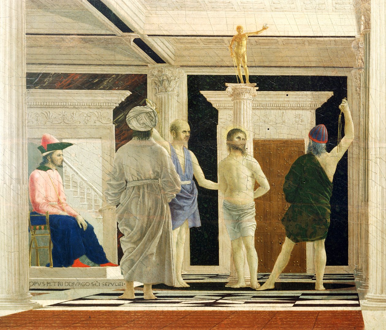 Flagelação de Cristo de Piero della Francesca (1412-1492), Têmpera sobre painel, 58x81,5 cm, detalhe acabamento tekijältä Piero della Francesca