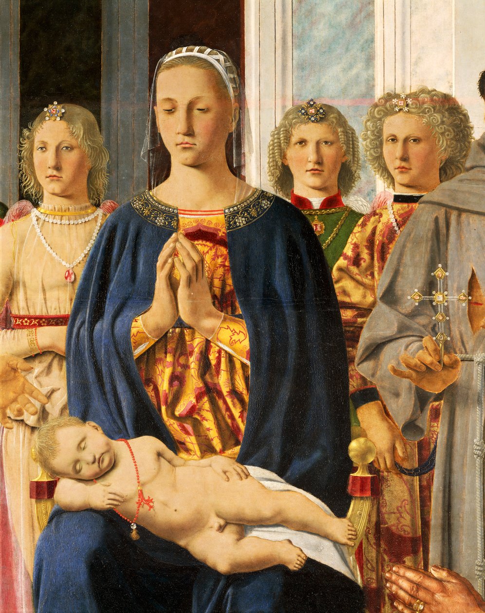 Madonna ja lapsi enkelien ympäröimänä, yksityiskohta Breran alttaritaulusta Piero della Francescan (1412-1492) Madonna ja lapsi pyhien kanssa rukoilemassa Federico da Montefeltron kanssa, tempera puulle, 251x172 cm tekijältä Piero della Francesca