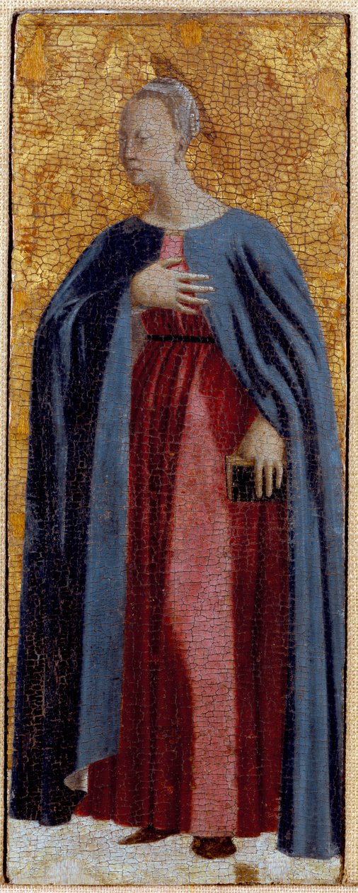 Misericorden polyptiikka: Misericorden neitsyt, pyhien ympäröimänä. Yksityiskohta, joka kuvaa Marian ilmestyksen neitsyttä. Piero della Francescan maalaus puulle (1415/20-1492) 1445-1460 Dim. 54x21 cm Sansepolcro, Pinacoteca Comunale tekijältä Piero della Francesca