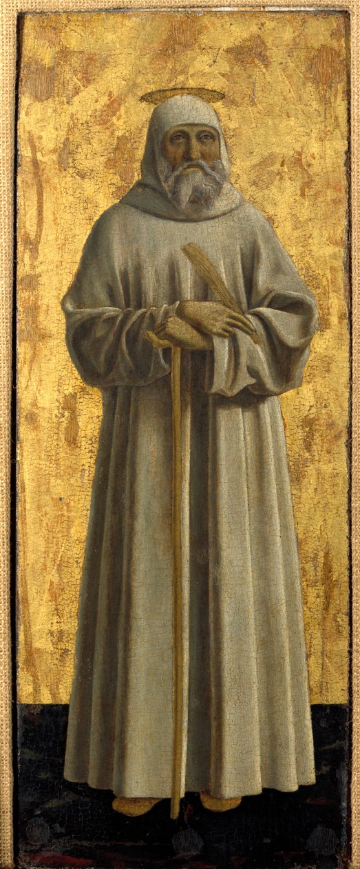 Misericorden polyptiikka: Misericorden neitsyt, pyhien ympäröimänä. Yksityiskohta, joka kuvaa pyhää Benedict of Nursiea. Piero della Francescan maalaus puulle (1415/20-1492) 1445-1460 Dim. 54x21 cm Sansepolcro, Pinacoteca Comunale tekijältä Piero della Francesca