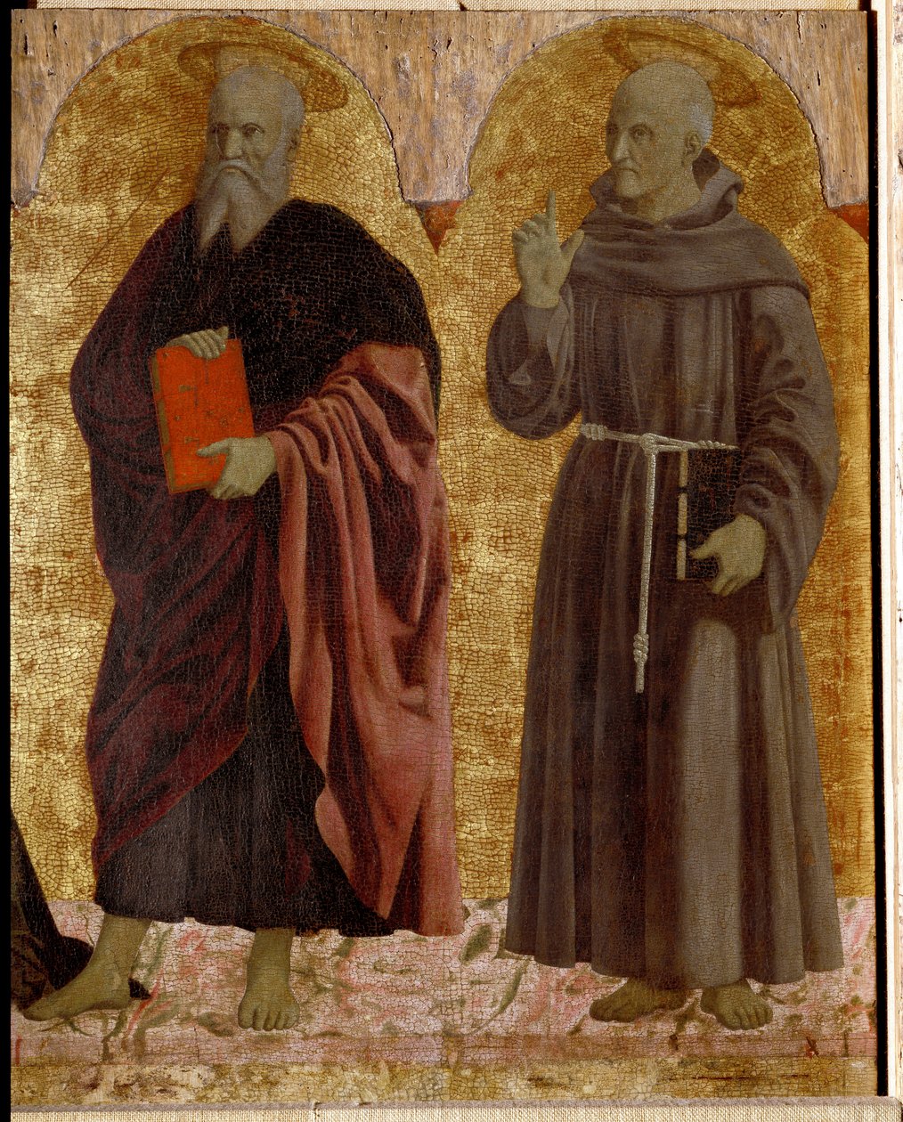Misericorden polyptiikka: Misericorden neitsyt, pyhien ympäröimänä. Yksityiskohta, joka kuvaa Saint Andrea ja Saint Bernardino of Siena (Bernardino da Siena tai Bernardino degli Albizzeschi tekijältä Piero della Francesca