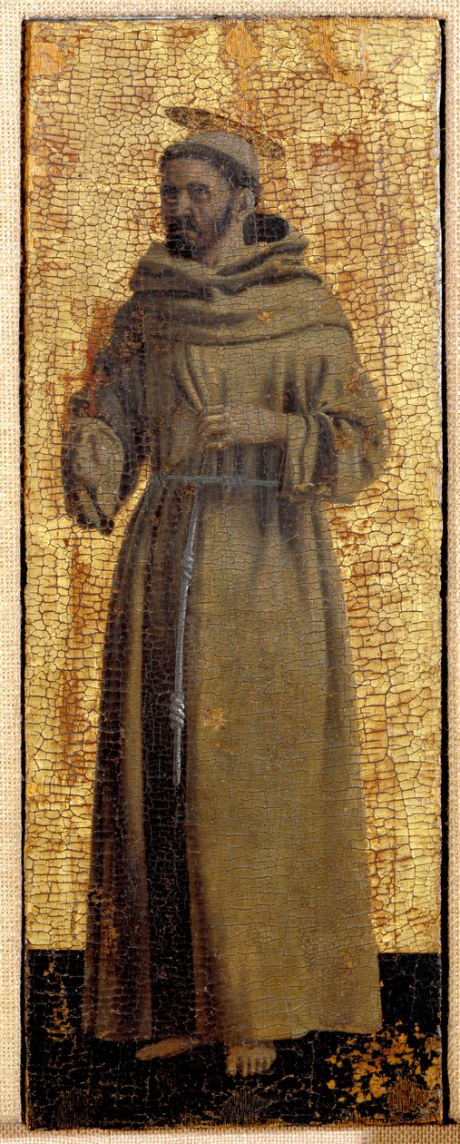 Misericorden polyptiikka: Misericorden neitsyt, pyhien ympäröimänä. Yksityiskohta, joka edustaa pyhää Francois Assisilaista. Piero della Francescan maalaus puulle (1415/20-1492) 1445-1460 Dim. 54x21 cm Sansepolcro, Pinacoteca Comunale tekijältä Piero della Francesca