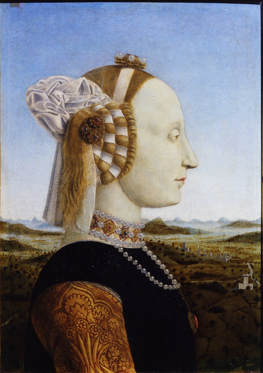 Battista Sforzan muotokuva Federico da Montefeltron ja hänen vaimonsa Urbinon herttuan ja herttuattaren parimuotokuvista, 1472 tekijältä Piero della Francesca