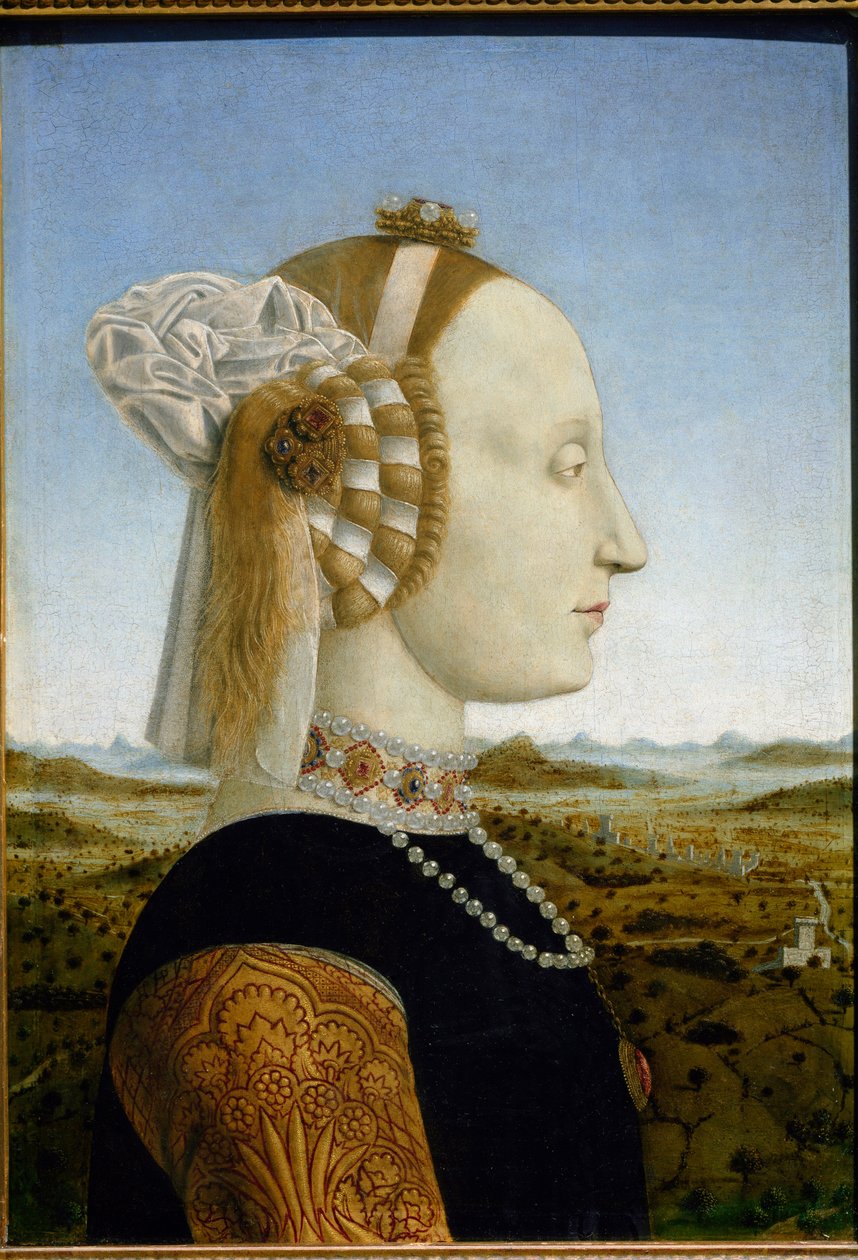 Battista Sforzan, Federico da Montefeltron vaimon muotokuva, n. 1465 (tempera ja öljy puulle) tekijältä Piero della Francesca