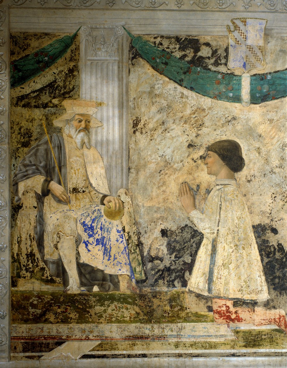 Muotokuva Sigismondosta (Sigismond) Pandolfo Malatesta (1417-1468) rukouksessa ennen San Sigismondoa (Sigismondo). Pietro di Benedetto dei Franceschin fresko Piero della Francescassa (1422-1492) tekijältä Piero della Francesca