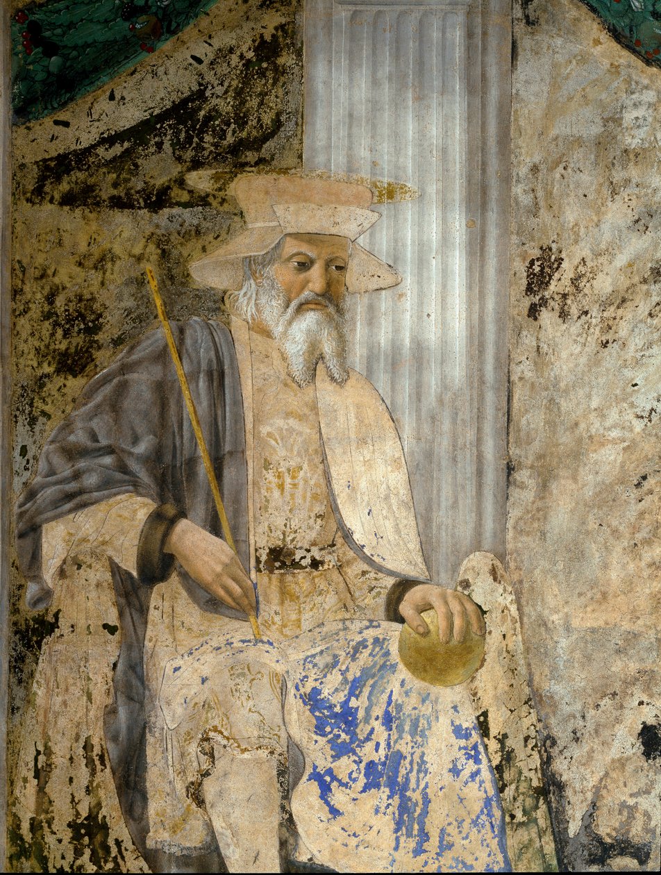 Sigismondo Pandolfo Malatesta (1417-1468) muotokuva rukouksessa ennen San Sigismondoa (Sigismondo). Yksityiskohta pyhimyksestä. Pietro di Benedetto dei Franceschin fresko Piero della Francescassa (1422-1492) tekijältä Piero della Francesca