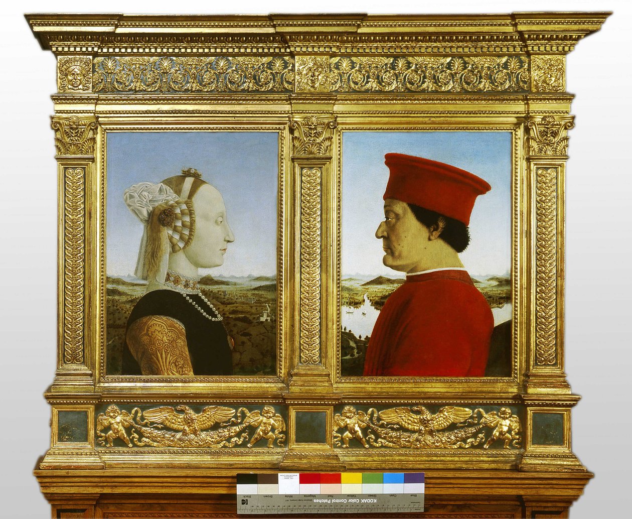 Urbinon (1422-1482) ja Battista Sforzan (1446-1472) herttua Federico de Montefeltron (Frederic de Montefeltre) muotokuvia tekijältä Piero della Francesca