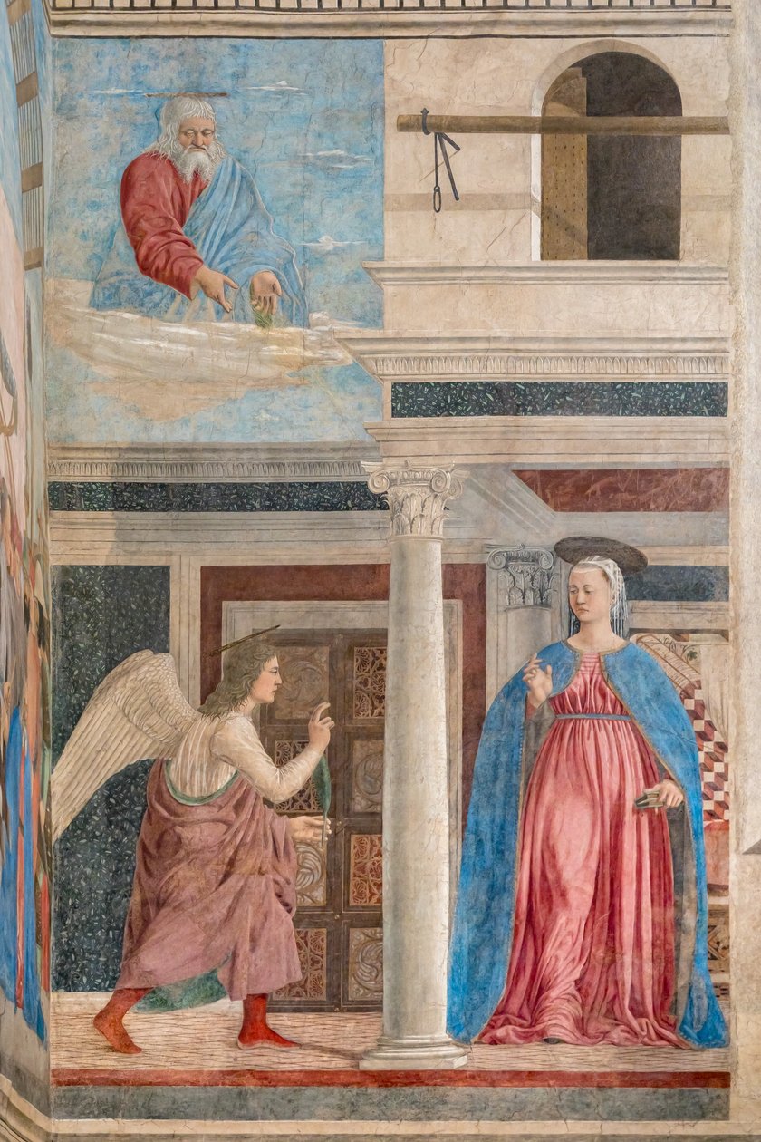 Marian ilmestys, yksityiskohta teoksesta Tarinoita todellisesta rististä (fresko). tekijältä Piero della Francesca