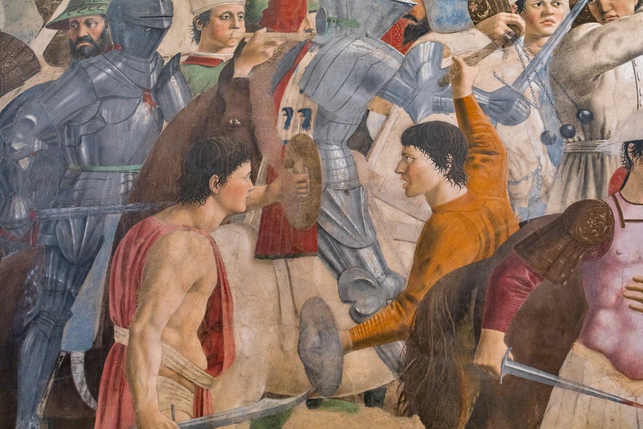 Herakleiosin ja Chosroesin taistelu, yksityiskohta Tosiristin tarinoista: taistelu miesten, miekkojen ja haarniskojen kanssa (fresko). tekijältä Piero della Francesca