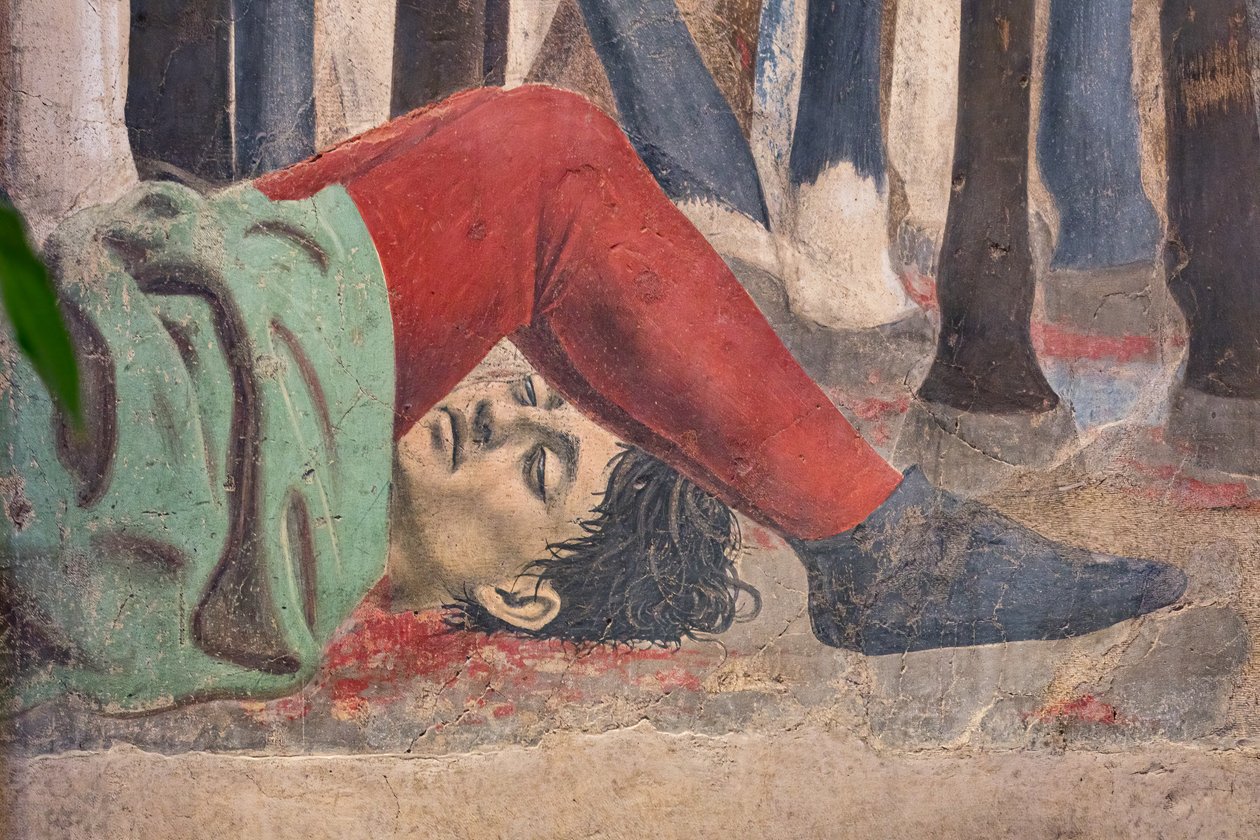 Herakleiosin ja Chosroesin taistelu, yksityiskohta Tosiristin tarinoista: tapettu mies (fresko) tekijältä Piero della Francesca