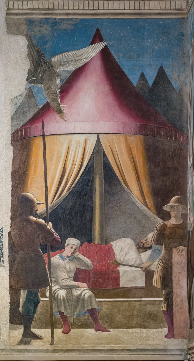 Konstantinuksen unelma, yksityiskohta Tosinaisen ristin tarinoista (fresko) tekijältä Piero della Francesca