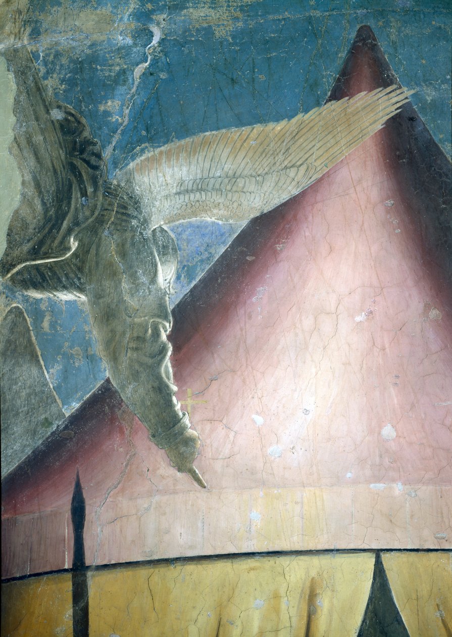 Konstantinuksen unelma, enkelin yksityiskohta, True Cross -syklistä, valmistunut fresko vuodelta 1464. tekijältä Piero della Francesca