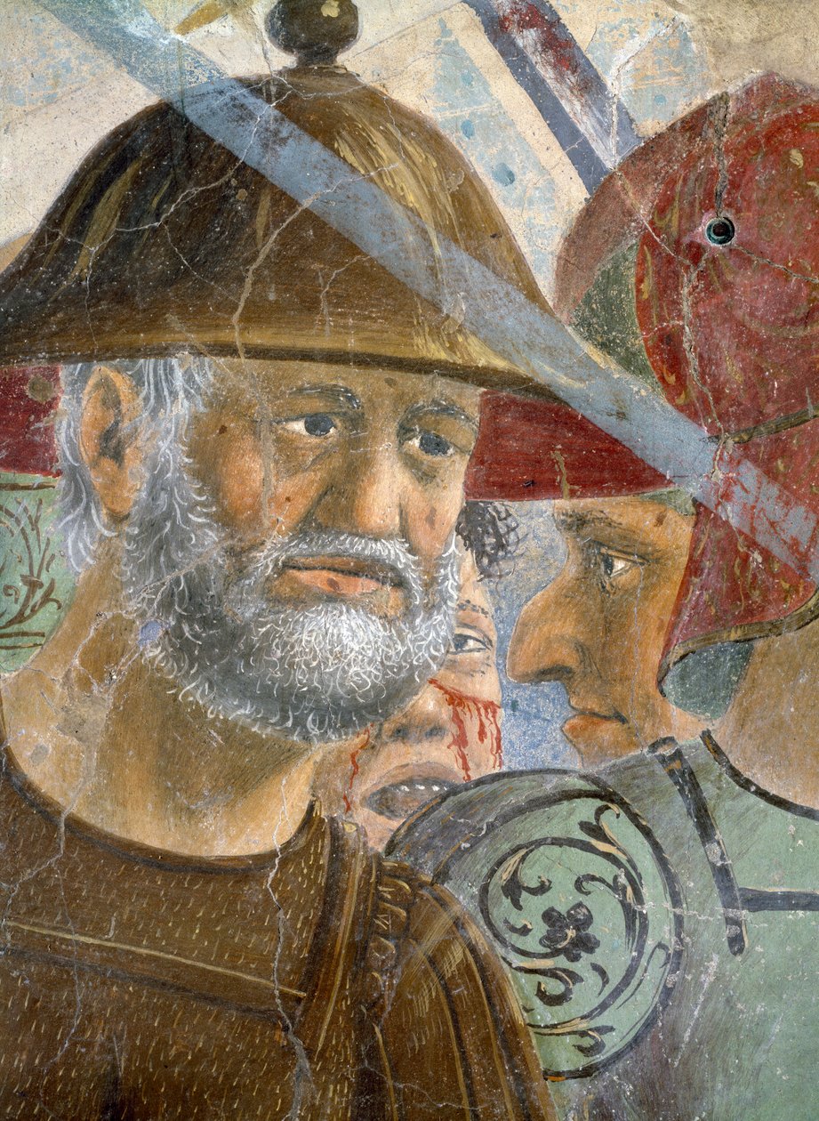 Legend of the True Cross, Herakleiosin ja Chosroesin taistelu, yksityiskohta parrakkaasta sotilaasta, valmistunut 1464 fresko. tekijältä Piero della Francesca