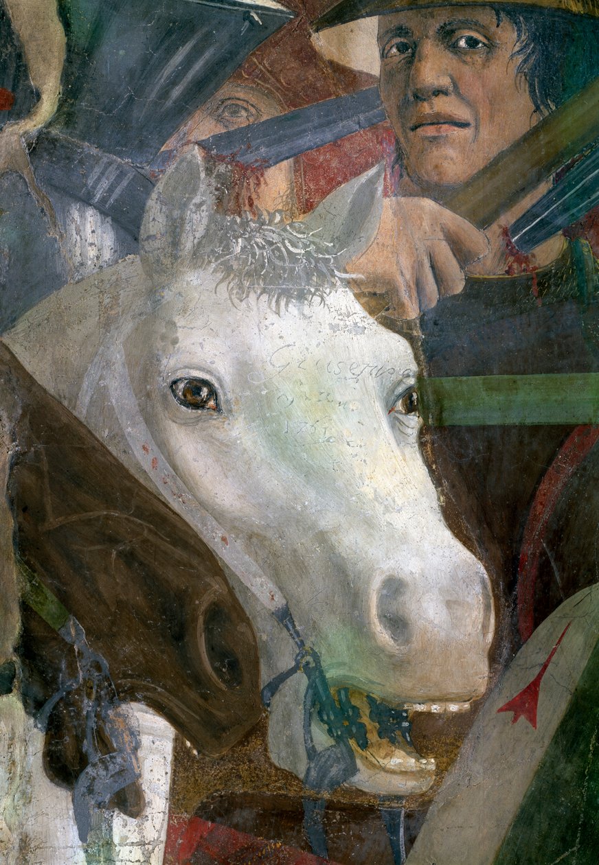 Legend of the True Cross, Herakleiosin ja Chosroesin taistelu, yksityiskohta hevosesta ja sotilaasta, valmistunut 1464 fresko. tekijältä Piero della Francesca