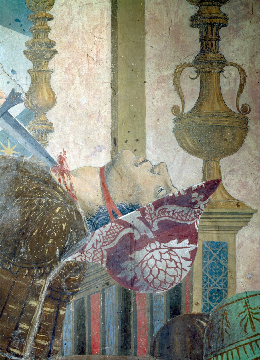 Legend of the True Cross, Herakleiosin ja Chosroesin taistelu, yksityiskohta miehestä, jonka kurkku on leikattu, valmistunut 1464 fresko. tekijältä Piero della Francesca