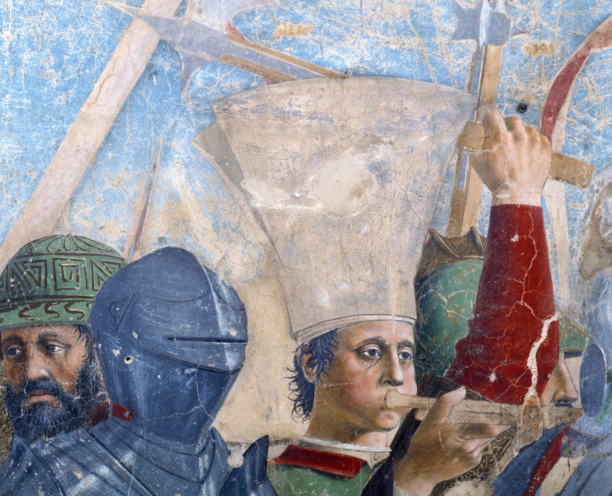 Legend of the True Cross, Herakleiosin ja Chosroesin taistelu, yksityiskohta torvensoittajasta, valmistunut 1464 fresko tekijältä Piero della Francesca