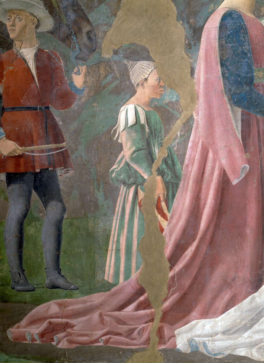 Legenda todellisesta rististä, Saaban kuningatar palvomassa ristin puuta, yksityiskohta avustajasta, valmistunut fresko 1464. tekijältä Piero della Francesca