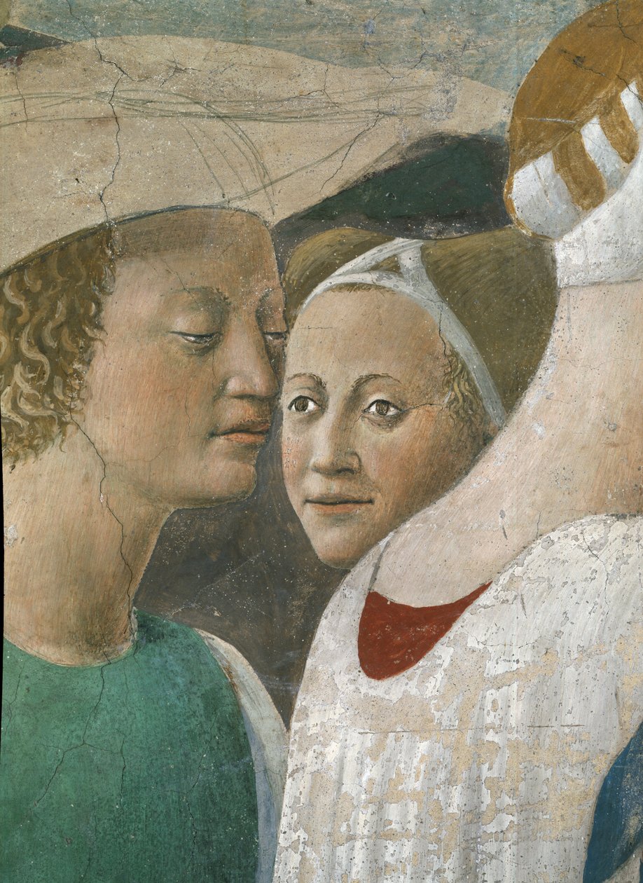 Legenda todellisesta rististä, Saaban kuningatar palvomassa ristin puuta, yksityiskohta kahdesta palvelijasta, valmistunut fresko 1464. tekijältä Piero della Francesca