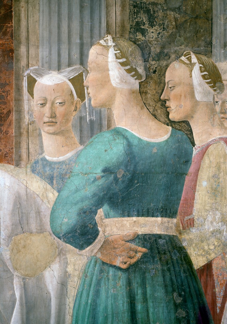 Legenda todellisesta rististä, Saaban kuningatar palvomassa ristin puuta, yksityiskohta kolmesta naispuolisesta palvelijasta, valmistunut fresko 1464. tekijältä Piero della Francesca