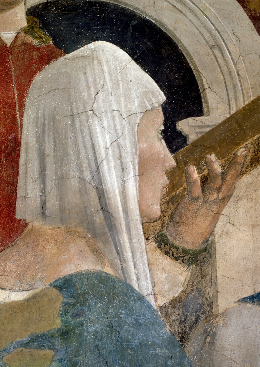 Legend of the True Cross, Ristin todentaminen, yksityiskohta Saba-kuningattaresta suutelemassa ristiä, valmistunut fresko 1464. tekijältä Piero della Francesca