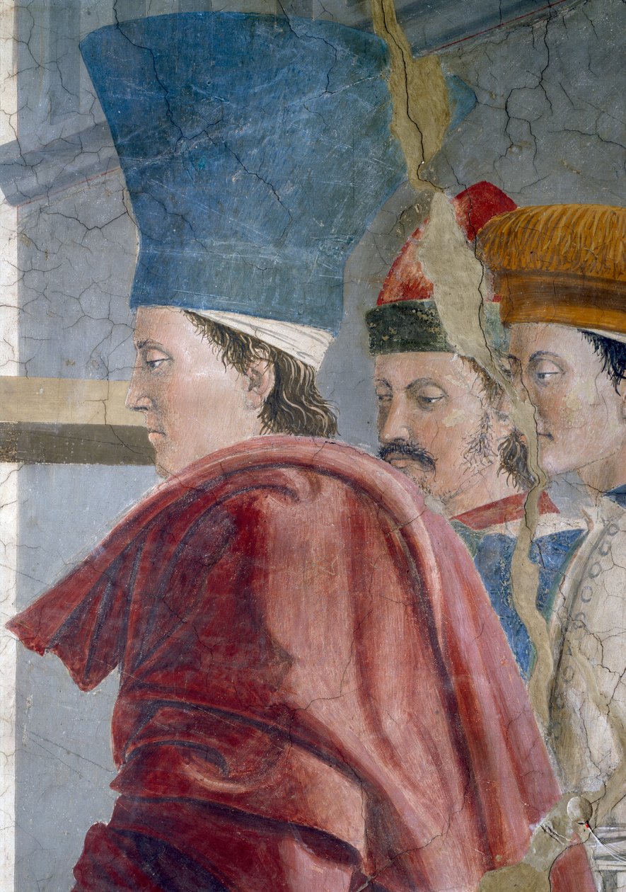 Legend of the True Cross, Todellisen ristin todentaminen, yksityiskohta kolmesta miespuolisesta palvelijasta, valmistunut fresko 1464. tekijältä Piero della Francesca