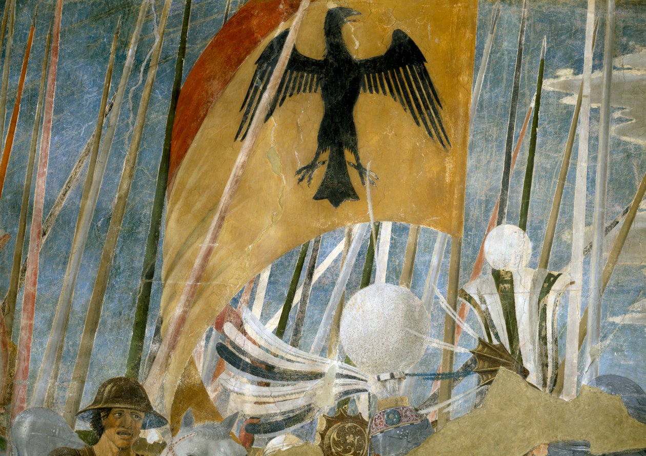 Legenda todellisesta rististä, Konstantinuksen voitto Milvian sillan taistelussa, yksityiskohta banderollista, valmistunut fresko 1464. tekijältä Piero della Francesca