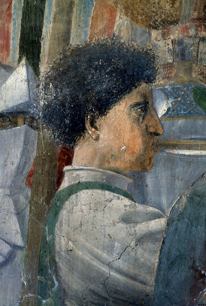 Legend of the True Cross, Konstantinuksen voitto Milvian sillan taistelussa, yksityiskohta sotilaasta, joka puhaltaa trumpettia, valmistunut fresko 1464. tekijältä Piero della Francesca