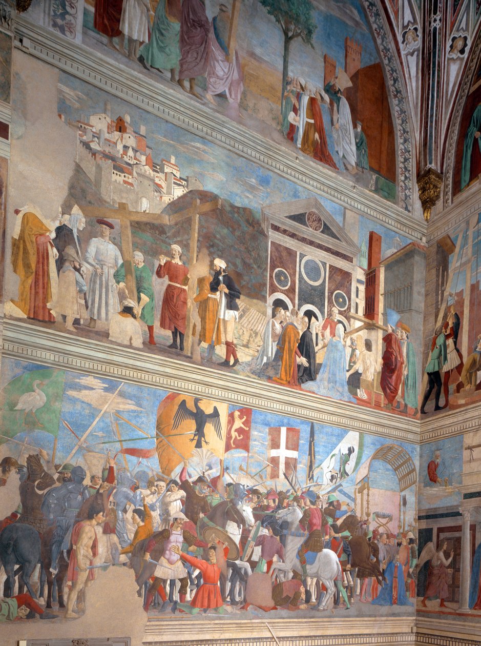 Todellisen ristin vahvistaminen, Herakleioksen voitto ja Chosroesin teloitus vuonna 628 jKr., Legend of the True Cross -syklistä, valmistui vuonna 1464 (restauroinnin jälkeen) tekijältä Piero della Francesca
