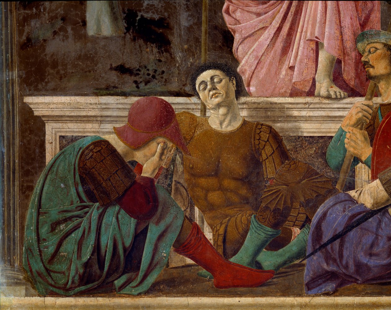 Kristuksen ylösnousemus. Yksityiskohta unelias roomalaisista sotilaista. Pietron maalaus, Benedetto dei Franceschi dit Piero della Francesca (1422-1492) tekijältä Piero della Francesca